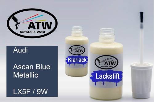 Audi, Ascan Blue Metallic, LX5F / 9W: 20ml Lackstift + 20ml Klarlack - Set, von ATW Autoteile West.